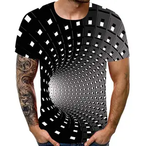 Unisex 3D Vortex Grid T - Shirt, Optical Illusion Black White Graphic Tee, Casual Streetwear for Daily, Party, Festival, Trendy Top for Men & Women