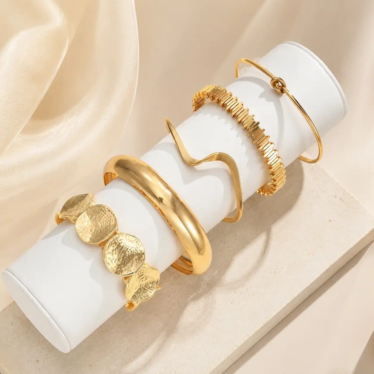 Minimalist Geometric Irregular Bracelet Set 5 Pieces, Stackable Gold Wave Knotted Hammered Disc Cuff Bangles, Women Trendy Jewelry for Party Travel Gift