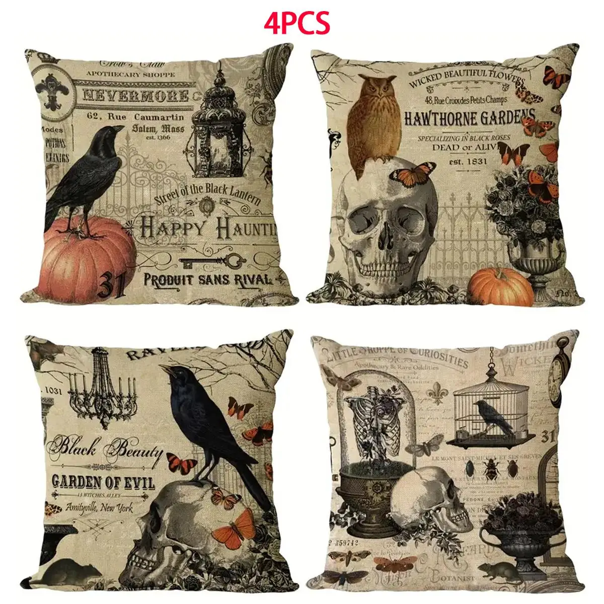 Pumpkin Skull Butterfly Pattern Cushion Cover without Filler, 4 Counts Decorative Cushion Cover, Square Pillow Cover for Home Sofa Bed Decor, Hallowee