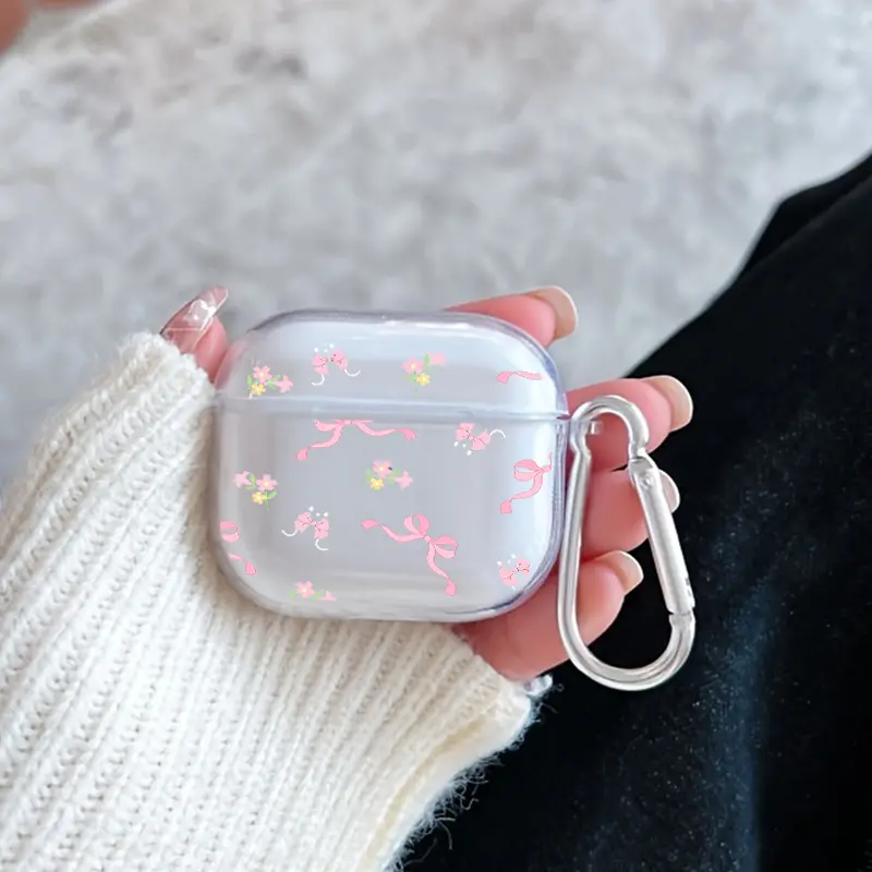 Pink Bow Fantasy Pattern TPU Soft Protective Case for Apple AirPods 4/3/2/1/Pro/Pro2 Transparent Earphone Cover with Keychain Attachment