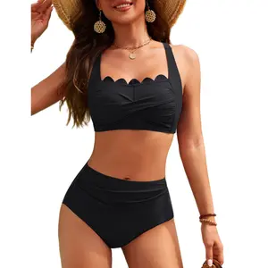CiCiBird High Waisted Tummy Control Bikini Sets Scallop Neckline Vintage Two Piece Swimsuits Ruched Front Bathing Suits for Women