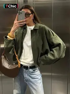 Women's Faux Suede Pilot Jacket Coat Outerwear with Pockets, Casual Loose Fit Y2K Style, All Season Fashion Essential for Trendy Streetwear Lovers