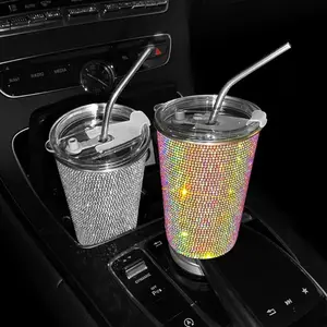 Bling Diamond Tumbler Water Bottle with Lid Stainless Steel Vacuum Thermal Straw Tumbler Rhinestone Tumbler Car Accessories Drinkware Flasks Portable Bottled