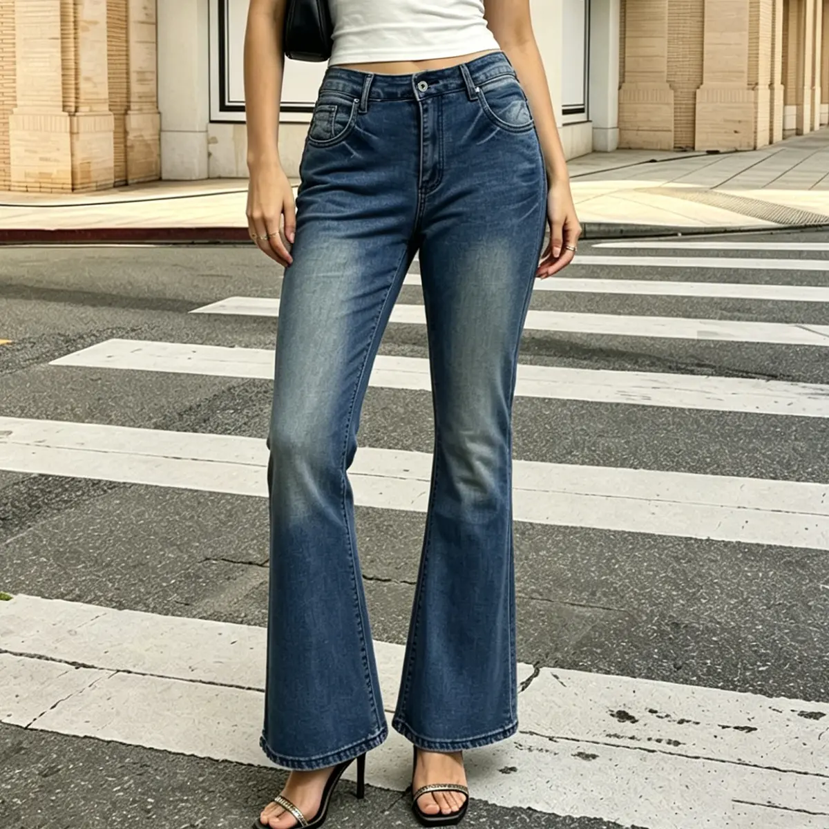 Women's Vintage Mid-Rise Slim-Fitting Flared Bottoms - Faded Denim Jeans, Slightly Stretchy, Button-Closure, Street Style, Bottom, Washed, Preppy, Streetwear, Fitted Flared Jeans, Flare Jeans