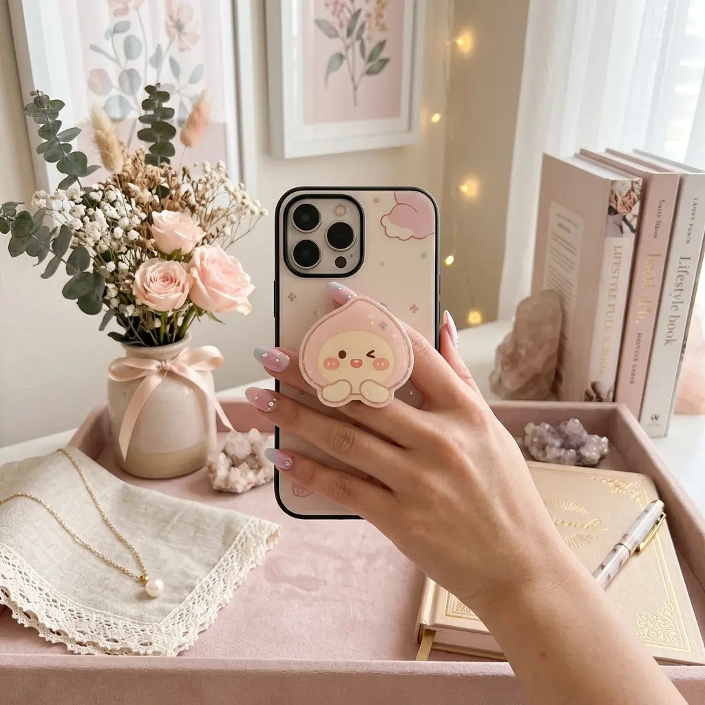 Cute Peach Phone Grip Holder Kawaii Pastel Griptok Stand Aesthetic Pink Fruit Winking Peach Foodie Phone Accessories Gift for Her Women Teen Girls