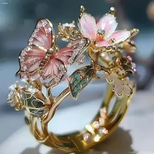 Butterfly Ring Adjustable Colorful Enamel Flower Design Cute Y2K Statement Ring Lightweight Open for Daily Wear Parties Festivals Gift