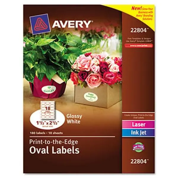 Avery 22804 Premium Oval Self-Adhesive Labels & Stickers - 1.5x2.5 in Glossy White, 180-Pack, Laser Inkjet Compatible, Permanent Stick, Easy Peel Feature, Vivid Colors, Free Promotional Branding Templates
