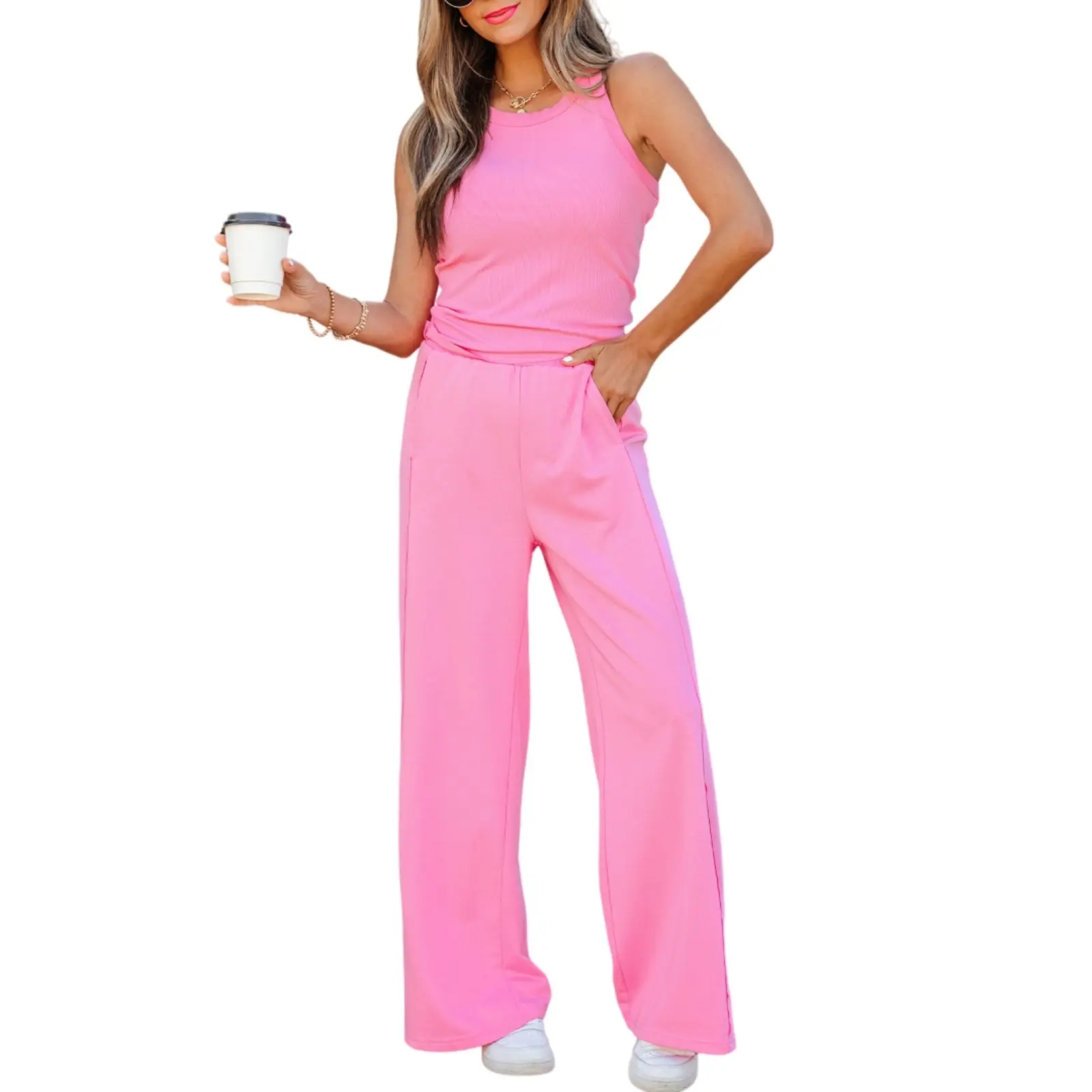 Asvivid Women Leisure Womenswear Ribbed Tank Top Sweatpants Relaxed Comfort Set Casual 2-Piece Everyday Clothes Elastic Fashion