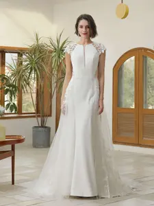 Abigail Women's Sheath Wedding Dress in Floral Lace with an Attached Tulle Overskirt, Cap Sleeves, and Chapel Train