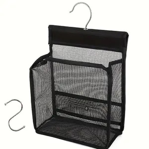[1 Mesh Shower Hook] 1 Multi-Functional Mesh Shower Storage Hook, Black | Easy to Install, Hanging Bathroom Basket, Kitchen Organizer Bag | Suitable for Bathrooms, Kitchens, Bedrooms, Living Rooms