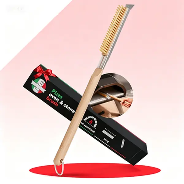 Heat Resistant Stainless Steel Pizza Oven Brush, Universal Pizza Stone Scraper, Extra Long Handle Kitchen Tool, Reusable Bristles for Wood Fired Oven, No Glue Needed