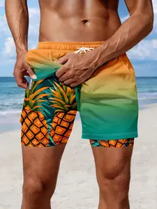 Men's Pineapple Print Dual-Layer Beach Shorts, Summer Quick-Dry Surf Trunks, Elastic Waist, Breathable, Casual Swimwear