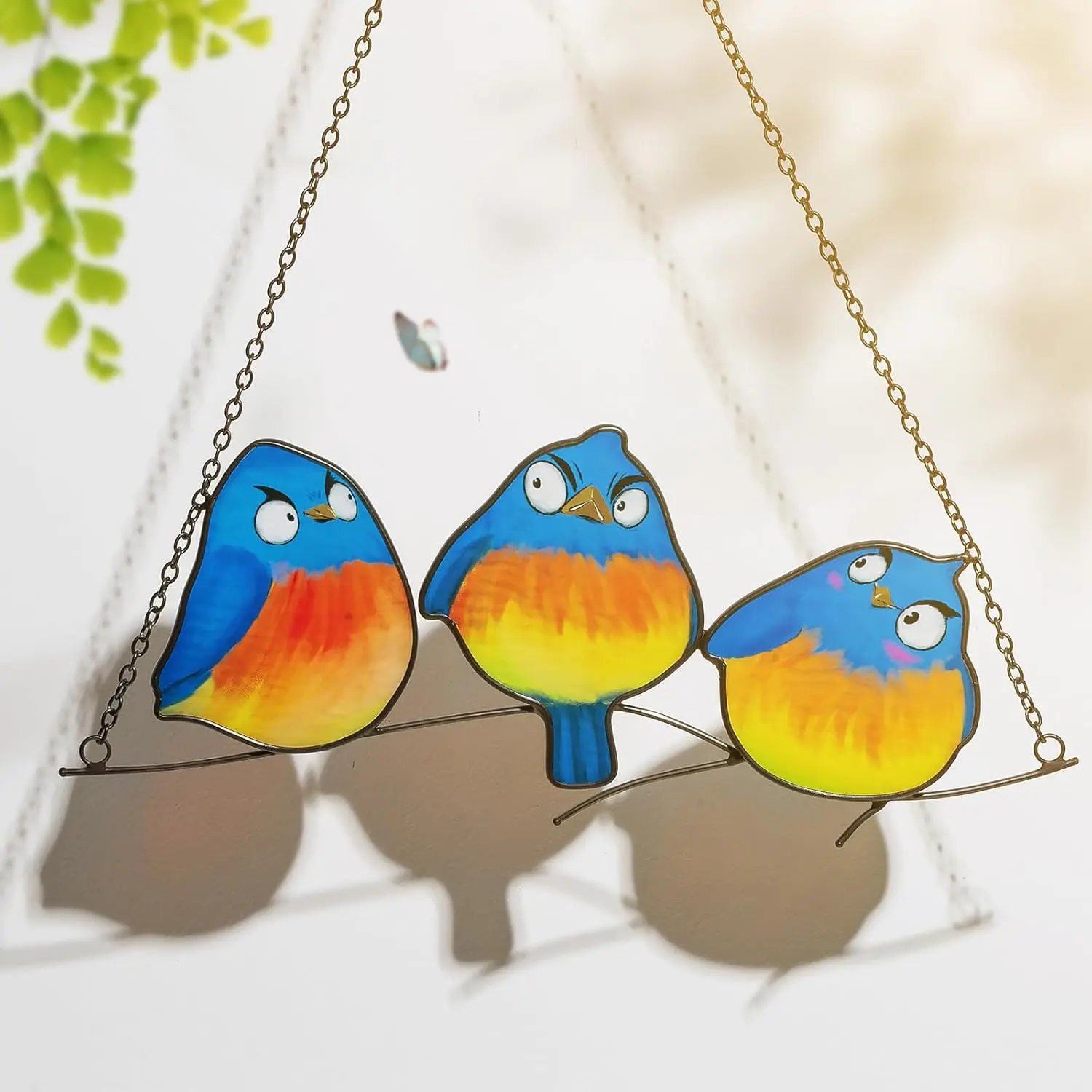Nuptio Bluebird Stained Glass Window Hanging - Birds on Branch Suncatcher with Wall Hanging Design, Hangable Decoration Includes Hooks for Home Garden Ornament, Gift for Bird Lovers