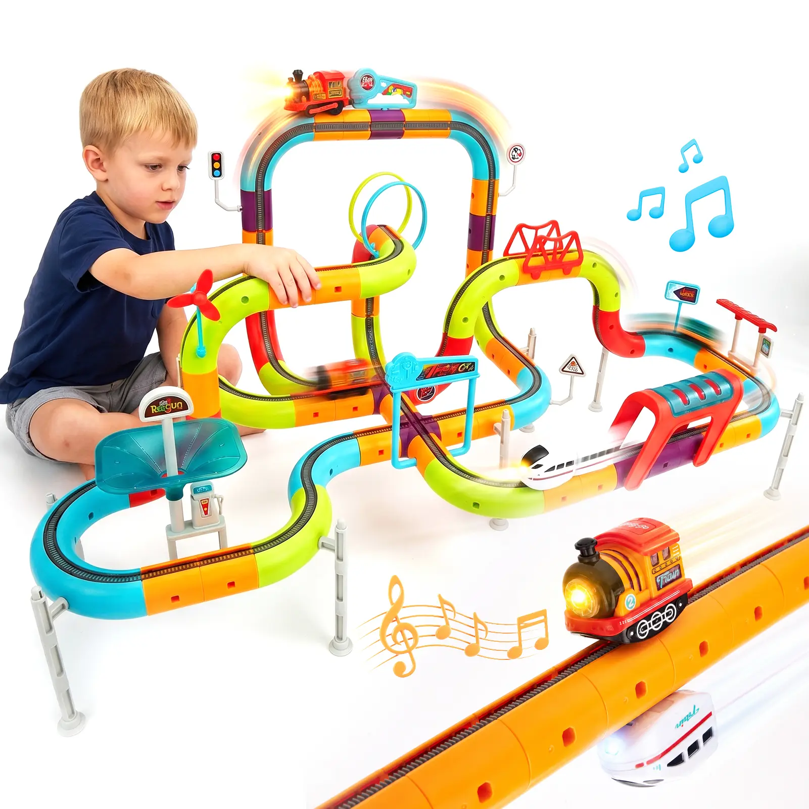 Hahaland Kids Building Block Toys - 115Pcs/64Pcs Electric Train Set with 3D Gravity-Defying Track, 2 Rechargeable Light-Up Musical Cars, BPA-Free Plastic STEM Toy, Beginner-Friendly Christmas Gift for Kids 3-6 Years, Transportation