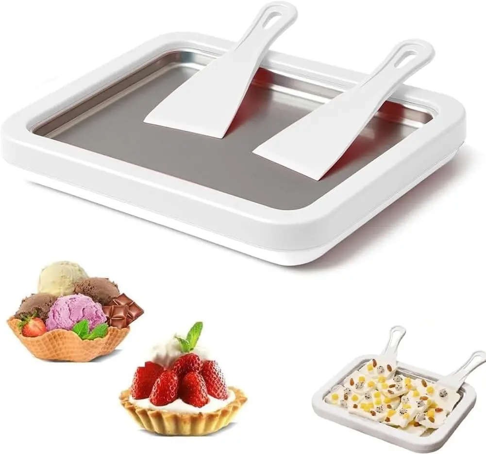 Stainless Steel Ice Cream Roller Maker Kit, Instant Frozen Yogurt Machine with 2 Scrapers, Roll Tray, DIY Homemade Smoothies Tool for Family Activities, Ice Cream Maker Kit