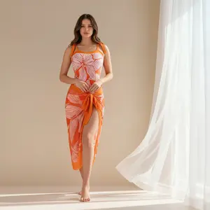 Sunset Orange Women’s 2 Piece Swimsuit Set with Large Floral Print Top and Flowy Mesh Skirt Perfect for Beach Vacation Pool Party Tropical Getaway Summer Outfit