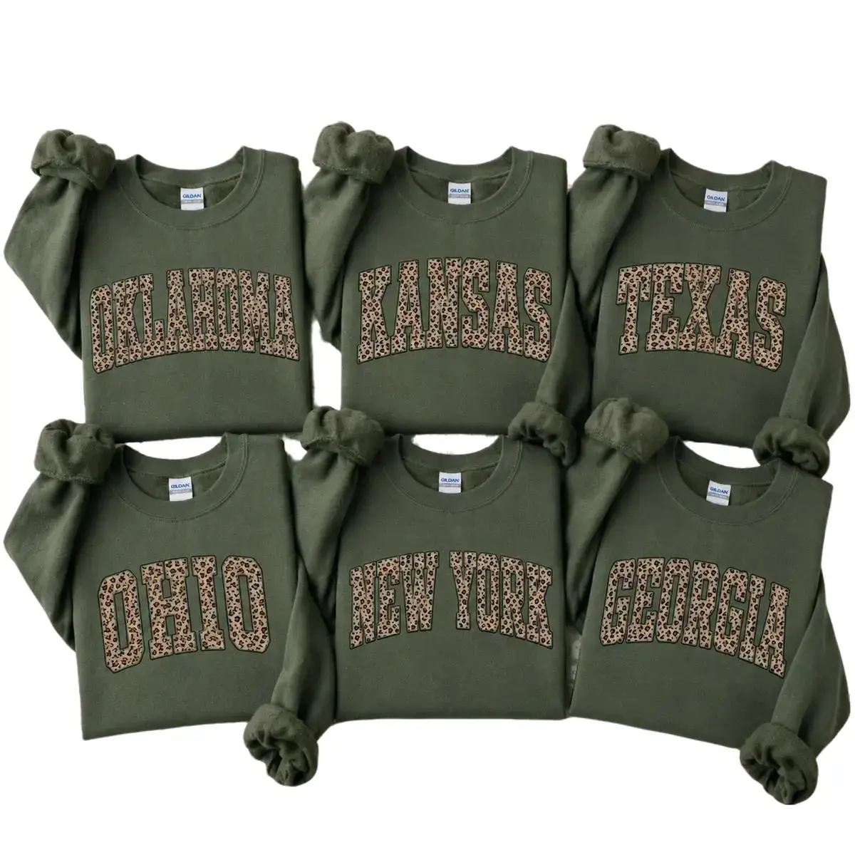 Custom State Name Leopard Print Crewneck, Personalized Oklahoma Kansas Texas Ohio New York Georgia Sweatshirt, Vintage College Letter Sweatshirt, Matching Family Pullover, Unisex Gift for Mom, Military Green - TrendWear USA
