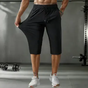 Summer high elasticity sports jogger pants, ice silk fabric with zipper pockets stylish seven-point pants, breathable thin men's jogging sports pants, suitable for summer sports outdoor daily wear