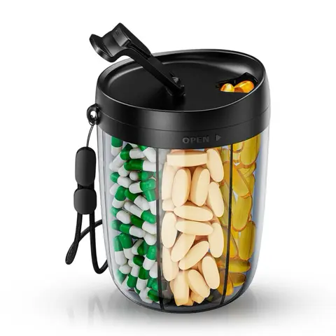 Large Black BPA-Free Medicine Organizer - 6-Compartment Pill Dispenser, Eco-Friendly, Ergonomically Designed Wide Opening, 20 Stick-On Labels, 24 Large Slots, 57 Fish Oils Capacity, Portable Anti-Mix Safe Storage Healthcare Aid