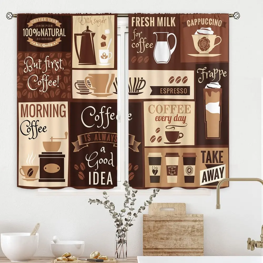 Brown Coffee Rod Pocket Curtains 2 Panels - Rustic Vintage Home Decoration Curtain, Farmhouse Cafe Theme Room Decor, Modern Small Short Window Drapes, Latte-Cappuccino Beans Drink Accent, Home Textile, Mother's Day Gift, Room Decor Curtain