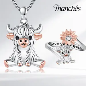 Thanches 925 Sterling Silver Highland Cow  Necklace Ring Cute Scottish Animal Jewelry Gift Set for Women Mom Girls  Accessory for Daily Wear