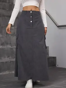 Women's Solid Color Skirt, Fashion Casual Pocket Design Long Skirt for Daily Outdoor Wear, Women's Bottoms for Fall & Winter