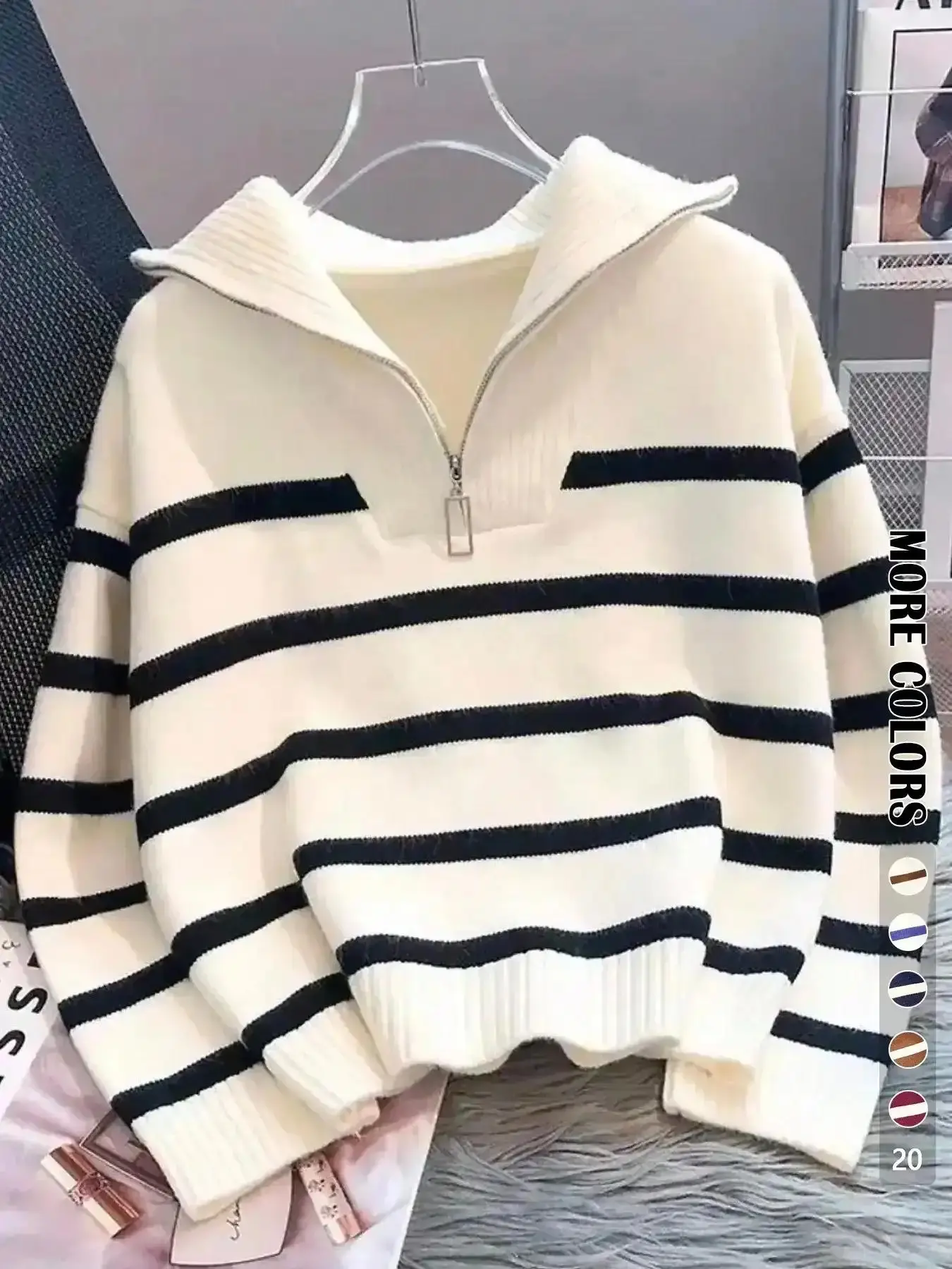 Women's Striped-Print Drop-Shoulder Soft Sweater Top with Half-Zipper, Casual Fitted Long-Sleeve Collared Jumper for Daily Outdoor Wear, Knitwear Womenswear for Fall & Winter, National Day Outfit, Wardrobe Staple