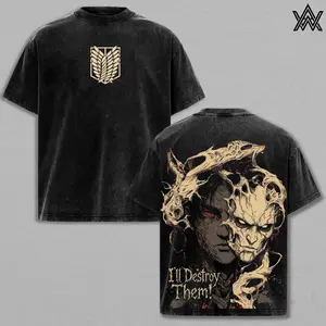 Eren Yeager Tee Washed – Attack on Titan Washed Anime Manga T-Shirt, Vintage Washed Titan Freedom Seeker Graphic Tee, Unisex Oversized Streetwear Shirt, Attack Titan Fury Anime Aesthetic Tee, Gift for AOT Fans