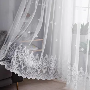 Floral Embroidery Curtain, 1 Count Simple Solid Color Lace Curtain, Window Curtain for Home Living Room Bedroom Decor, Net Curtains Window
