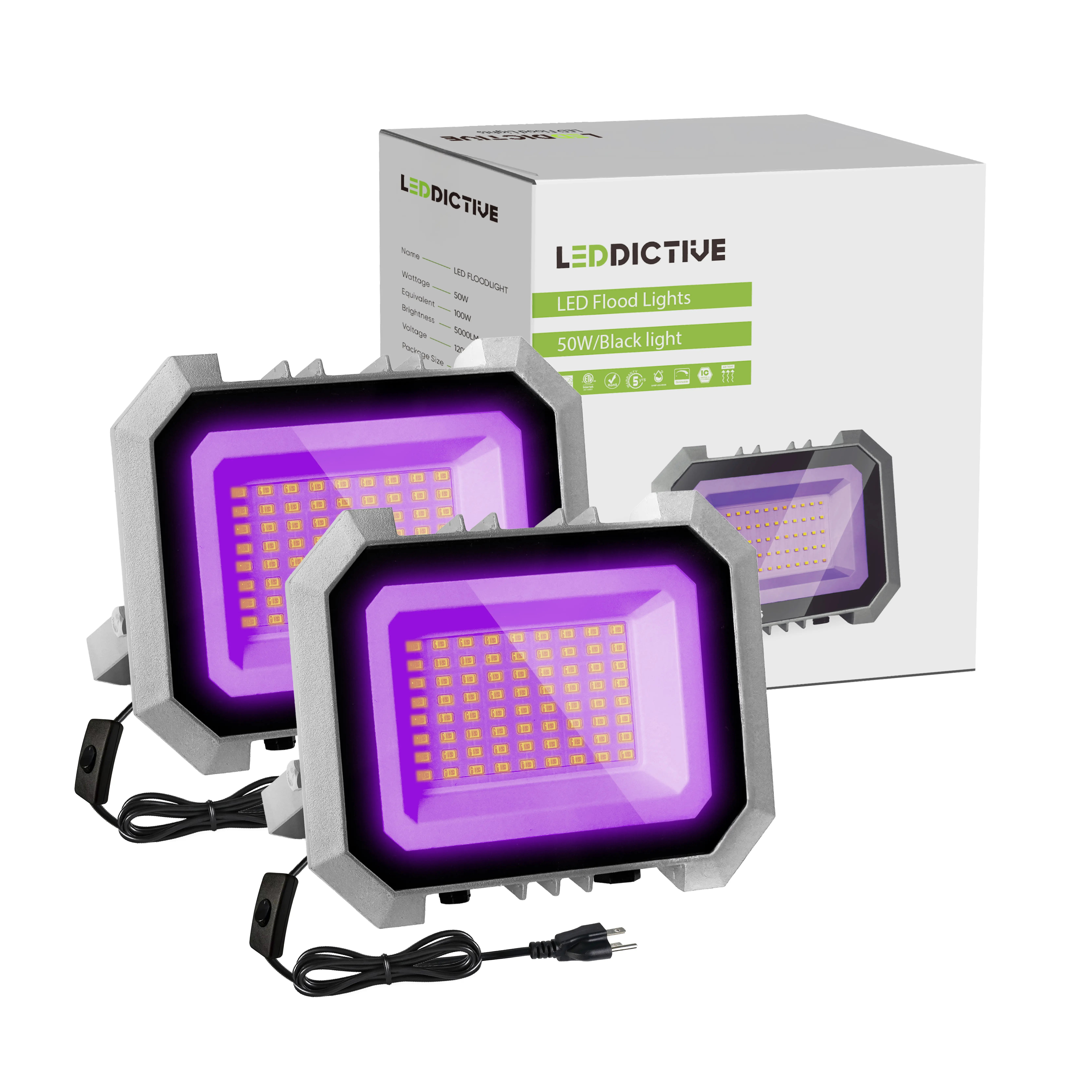 LEDdictive 2-Pack 50W LED Black Flood Lights, IP65 Waterproof Outdoor Exterior Lights, 6.7Ft Cord, Ideal for Halloween, Body Paint, Led Flood Lights