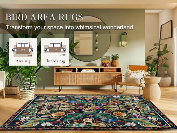 Geanup Washable Bird Rug Non Slip, Soft Boho Floral Kitchen Laundry Rug with Rubber Backing, Low Pile Runner Rug for Entryway Bedroom Living Room Bathroom