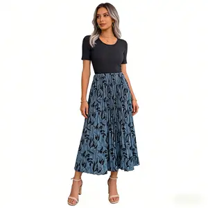 Ins Style Spring/Summer European & American Casual Leaf Print High Waist Pleated Midi Skirt Women's Fashionable Dress