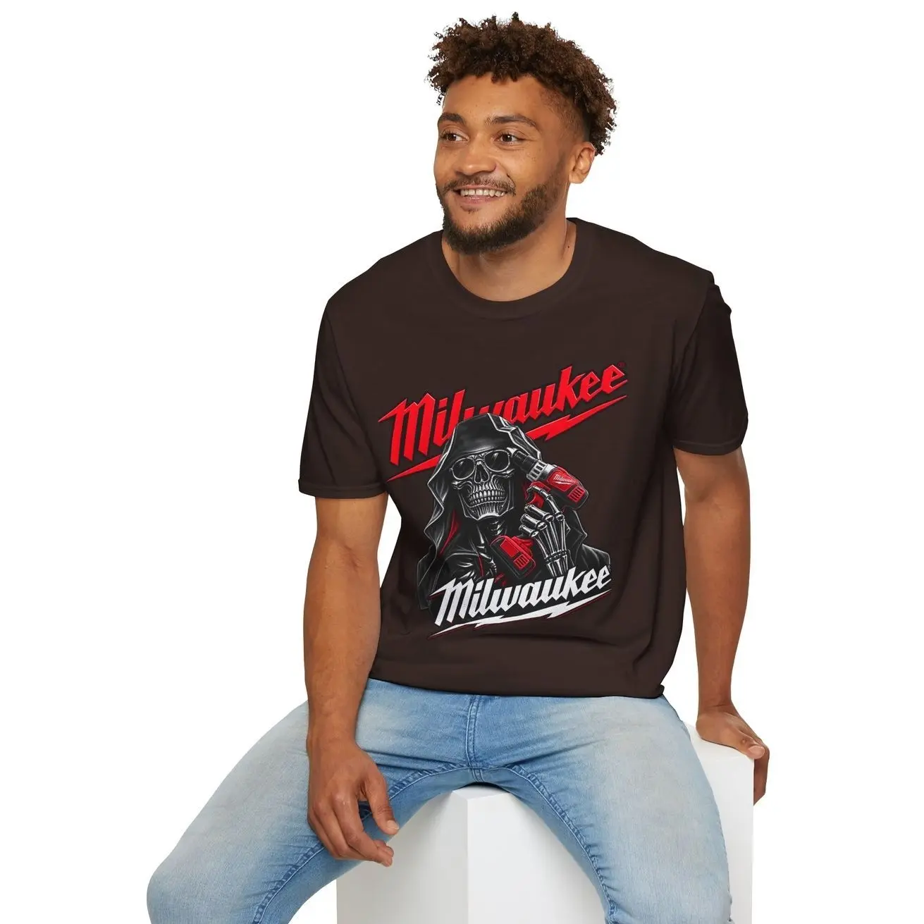 Milwaukee Tools Skull Graphic T-Shirt, Power Tool Mechanic Shirt, Red Black Workshop Tee, Tradesman Contractor Gift, Unisex Workwear T-Shirt QK3YIC