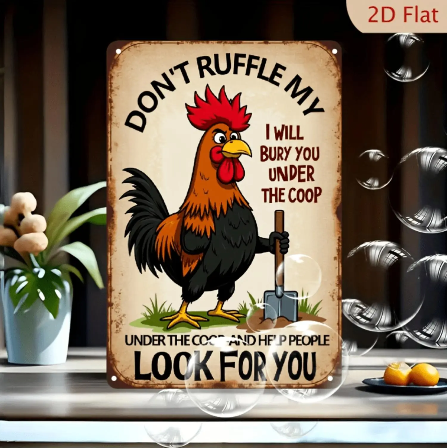 2D Flat - Decorative Signs & Plaques 2D Flat - YNLLOOFA "Don't Ruffle My Feathers" Rooster-Themed Metal Metal Sign - Vintage Wall Hanging Poster for Outdoor, Garage, Porch, Cafe, Bar, for Man Cave, Farm Yard Decor - 2D Flat, 12