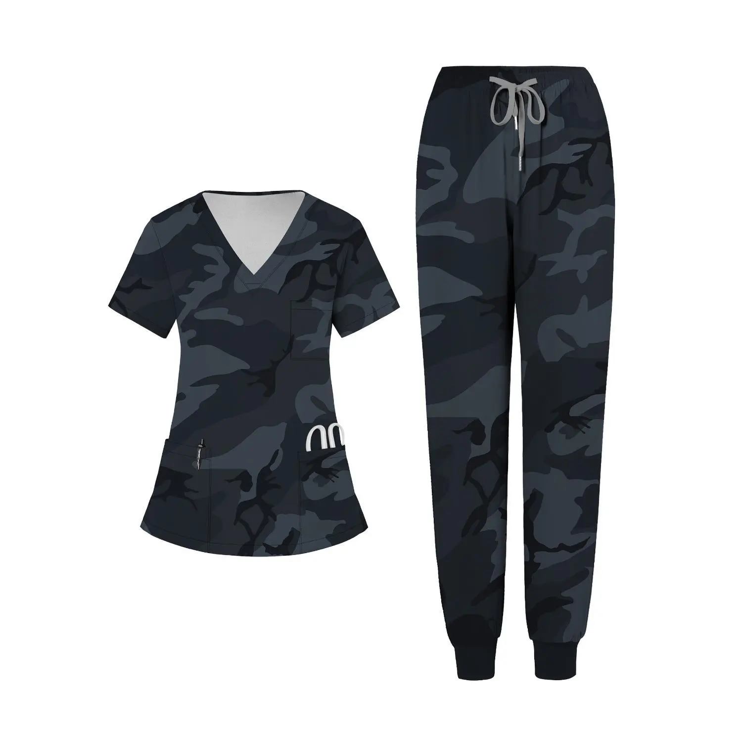 2-Piece Women's Camouflage V-Neck Breathable Pocket Uniform with Brushed Fabric and Leg Binding Pants