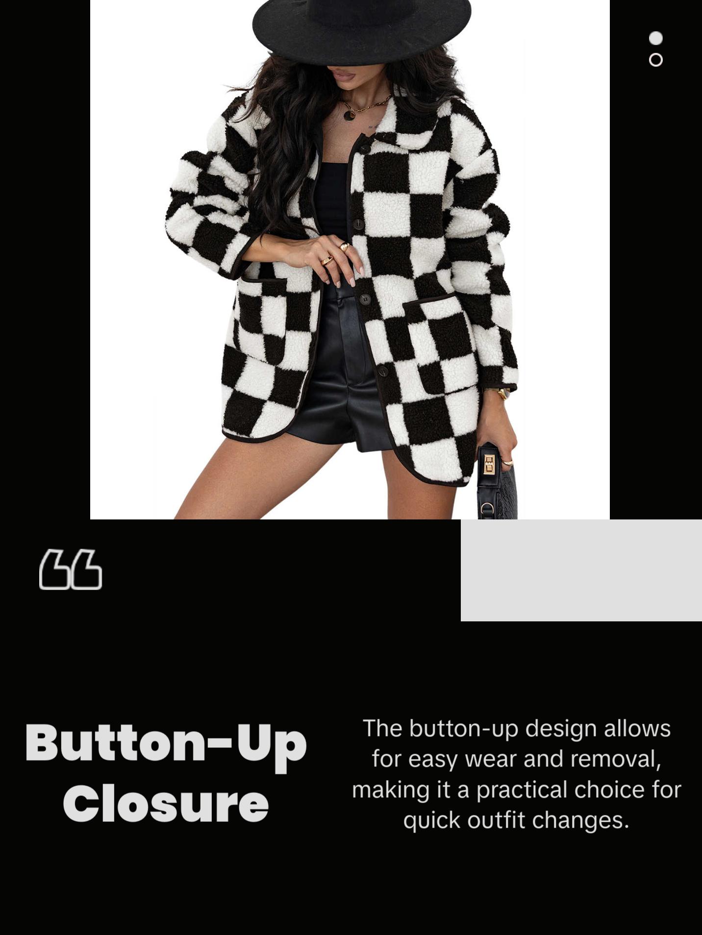 Cali Chic Women Jackets Black Checkered Side Pockets Collared Buttoned Fleece  Coats Womenswear Outerwear