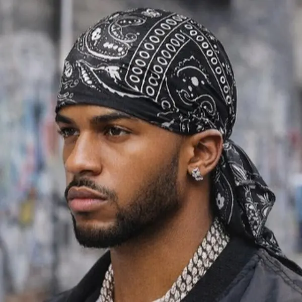 Durag Men's Paisley Satin Headwrap, Long Tail Bandana Style Durag for Urban Hip Hop, Tie Back Head Scarf for Casual Wear