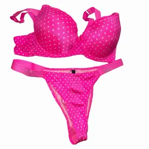High-End Rhinestones Pink Polka Dots Bra Set with Matching Thong for Women Embellished Womenswear Bottoms