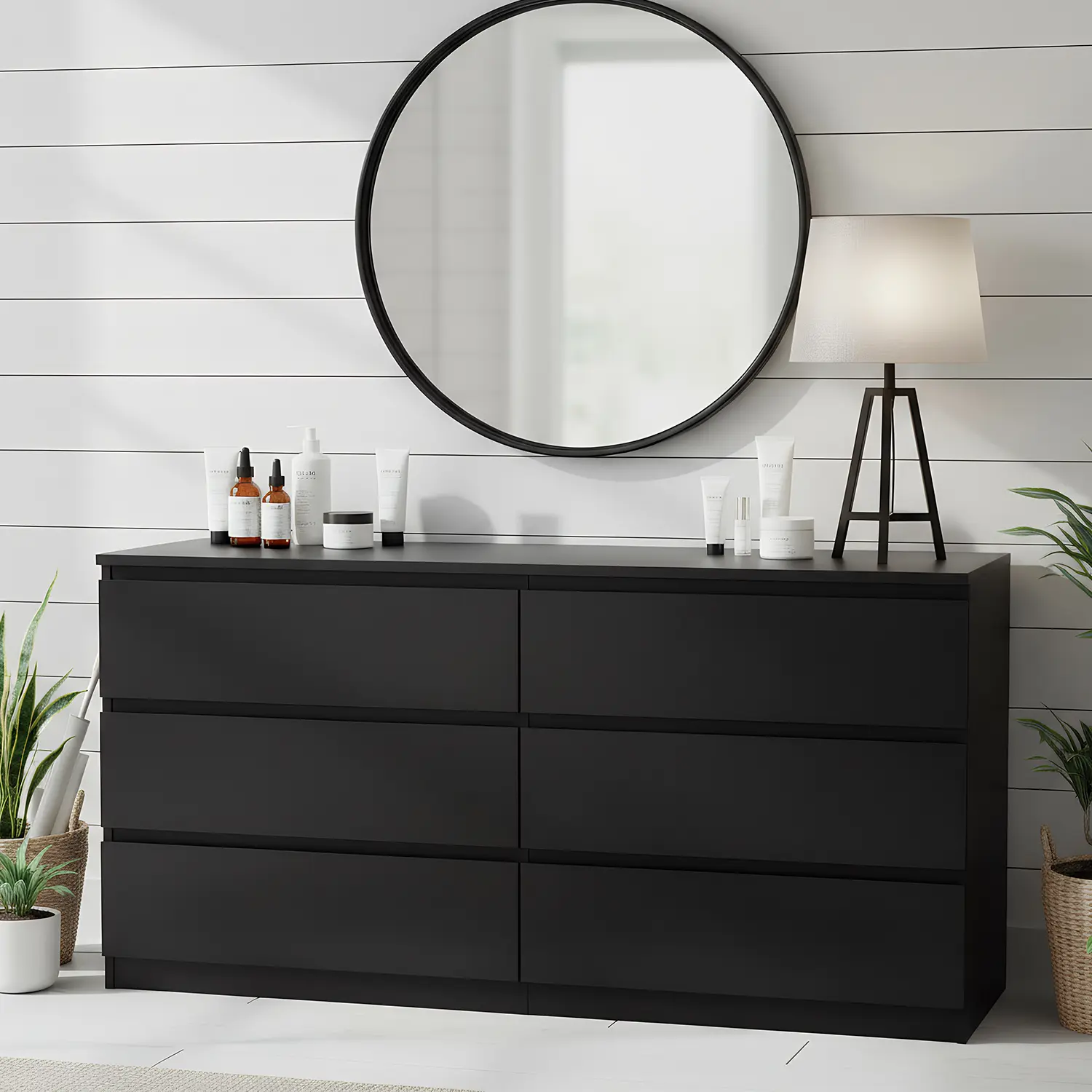 Black 6-Drawer Double Dresser - Sturdy Particle Board Indoor Cabinet with Spacious Storage, Deep Drawers, Anti-Tipping Design, Installation Hardware for Bedroom, Nursery, Wood