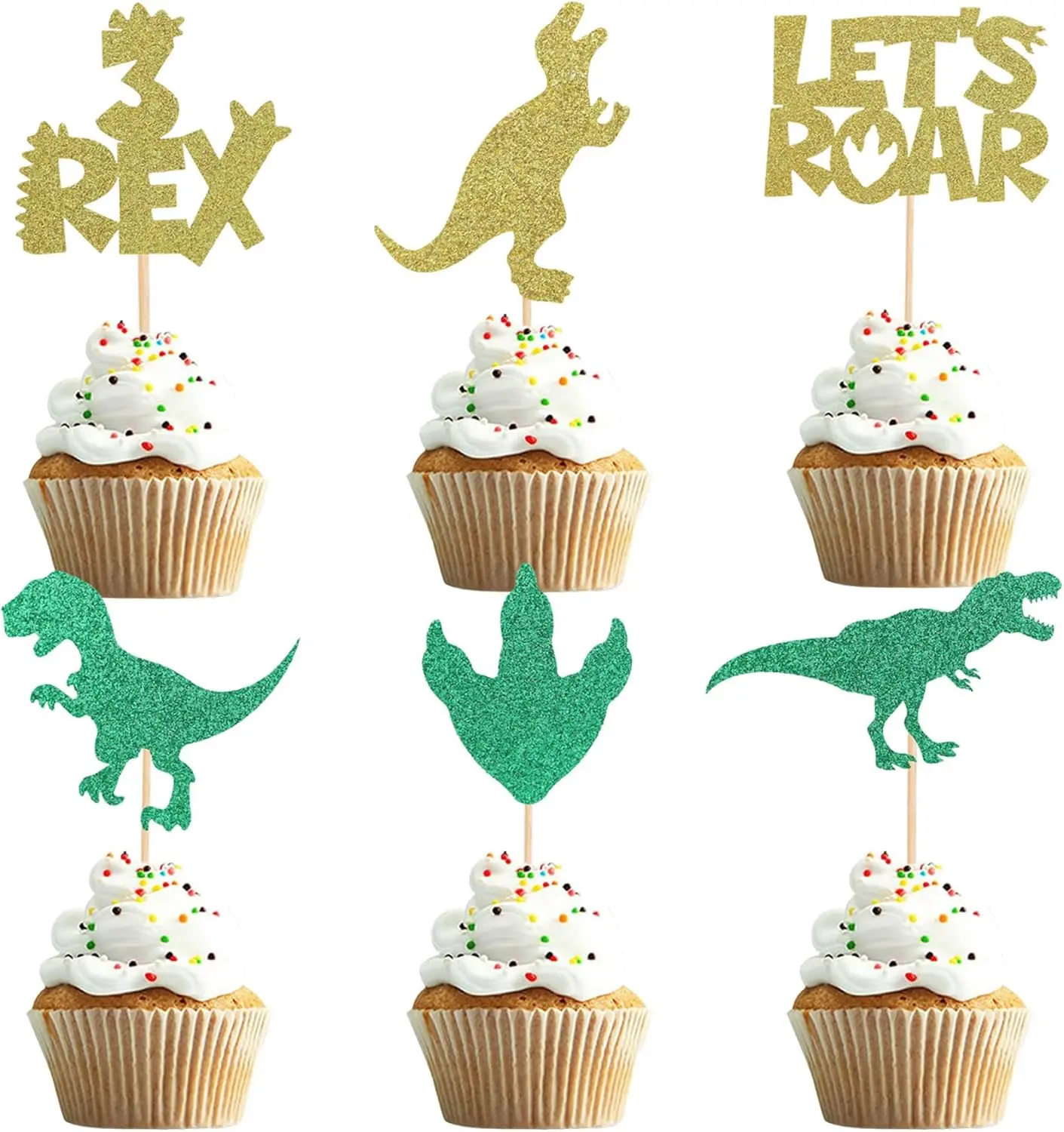 24Pcs Dinosaur Cupcake Toppers Glitter 3 Rex Roar Dino Theme Cupcake Picks Three Years Old Kids Boy Third Birthday Baby Shower Party Decorations Supplies