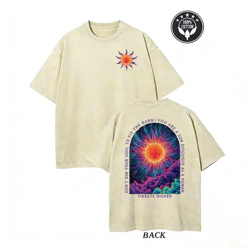 Women's Plus Size Oversized Short-Sleeve Cotton Tee - Spiritual Awakening Acid Wash Graphic, Vibrate Higher Sun Print, Round Neck, Breathable Cotton Fabric, Retro Streetwear, Lightweight Baggy Casual Clothes, Daily Base Layer Top