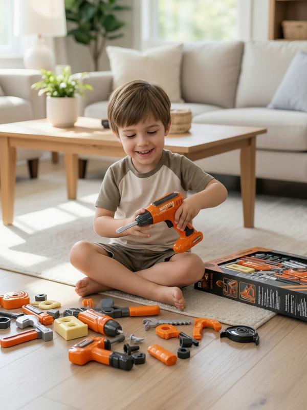 New Boys' Role-Play Toy Set Simulation Toolbox with Electric Chainsaw Electric Drill and Inertia Drill for Kids 3+