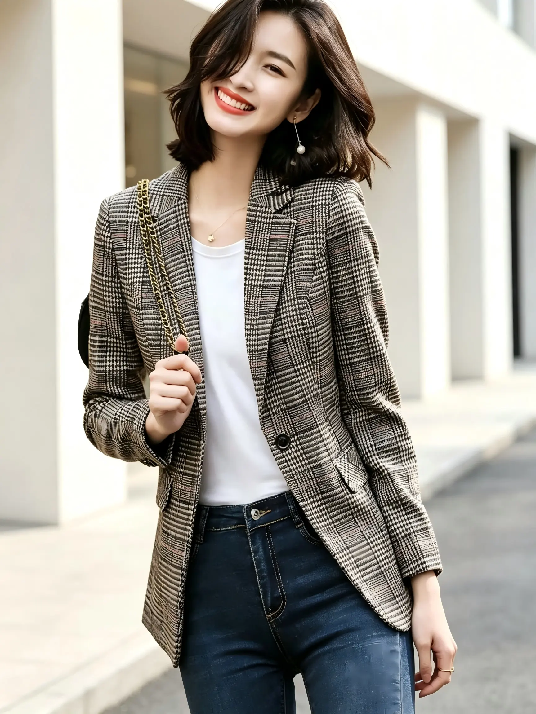 Women's Chic Houndstooth Blazer, Sweet Double-Breasted Full Sleeve Button Jacket, Elegant Fitted Style for Business 9to5 Work, Longsleeves, Polyester