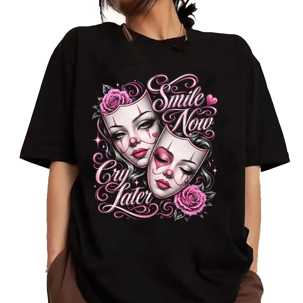 Chicano Clothes,Smile Now Cry Later, Rose Mask Dreams Design, Chicana Style Lowrider Art, Unisex Hoodie Medium Heavy Sweatshirt T Shirt for Men & Women Full Size S-5XL Menswear Top Streetwear