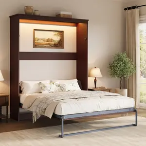 [Ships in 2 Boxes]AMERLIFE Murphy Bed with LED Light, Farmhouse Foldable Wall Bed with Charging Station & Gas Struts, Space-Saving Hidden Bedframe for Guest Room, Bedroom & Home Office