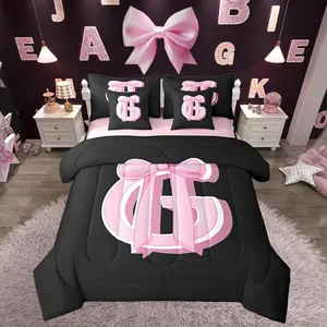 Kids Girls Black Pink Bow Comforter Set with Sheets Monogrammed 7 Piece Bedding Set Personalized Initial G Bed in a Bag with Comforter,Sheets,Pillowcases Modern Fashion Bed Set