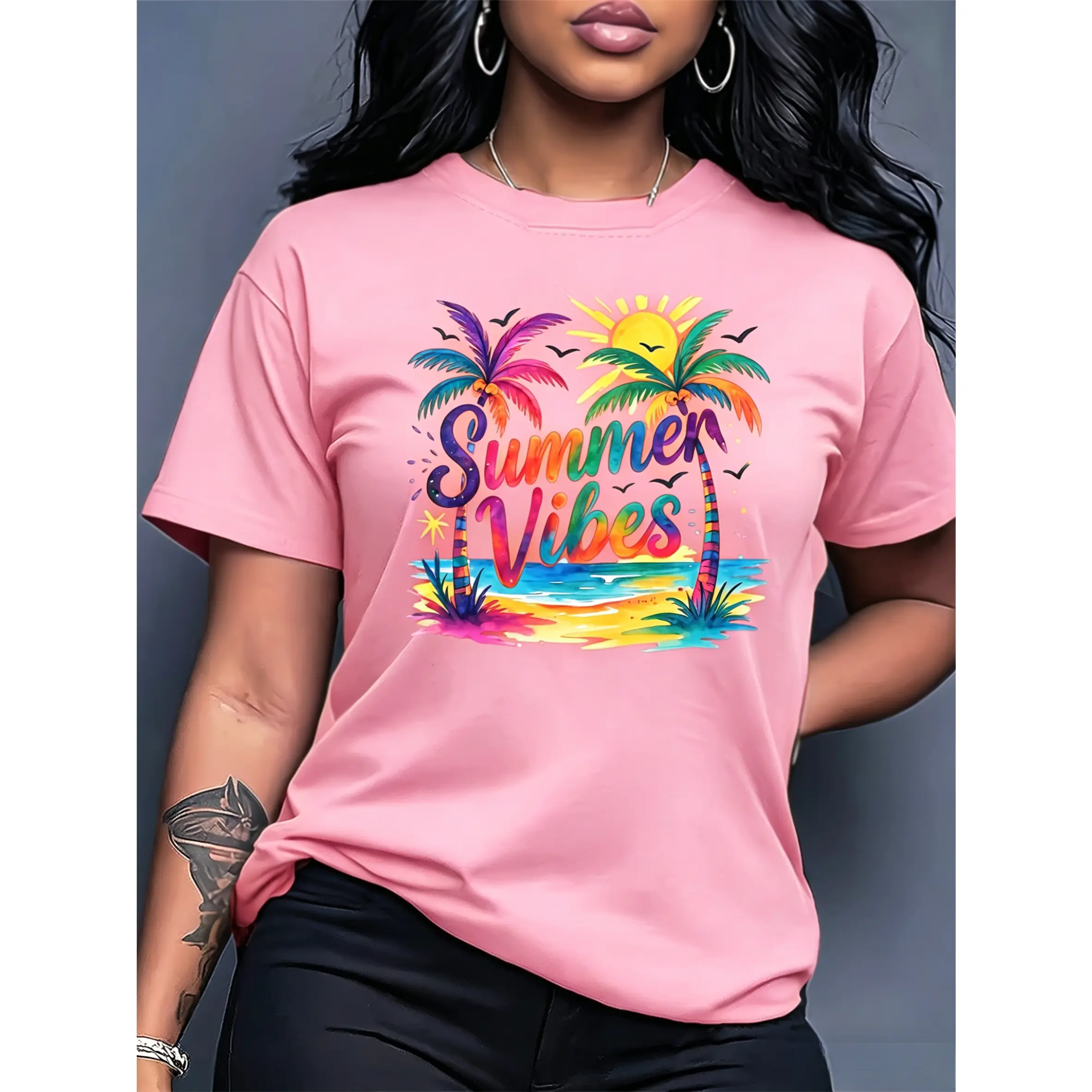 Summer Vibes Beach Graphic T-Shirt, Women's Orange Tropical Palm Tree Tee, Summer Vacation Casual Top