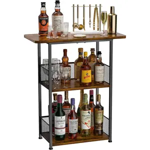 3 Tier Freestanding Floor Whiskey Rack, Corner Mini Bar Table Wine Bottle Display Stand, Liquor Cabinet Bar Cart for Bottles, Cocktail Shaker and Mugs