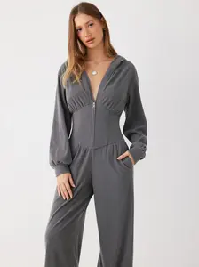 Cider Jersey Hooded Cinched Waist Zipper Jumpsuit