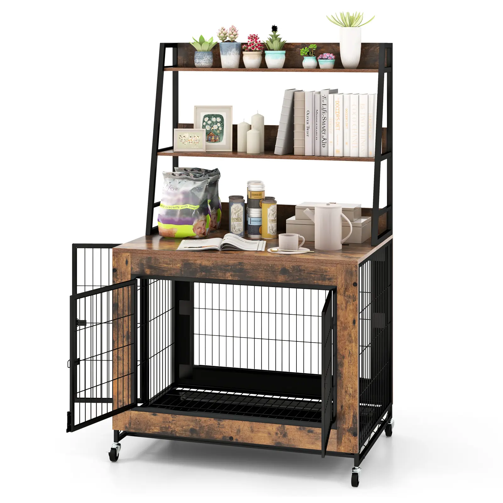 COSTWAY - Industrial Dog Kennel Dog Crate Furniture with Storage Shelves-Rustic Brown